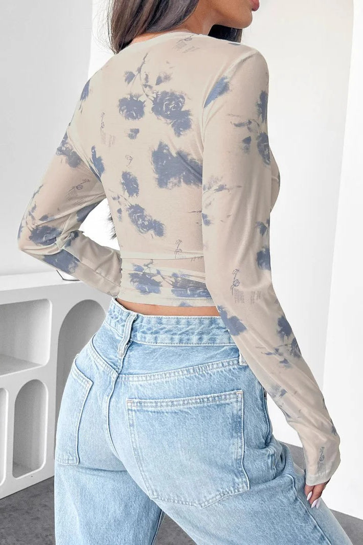 Mesh Floral Ruched Side Blouse