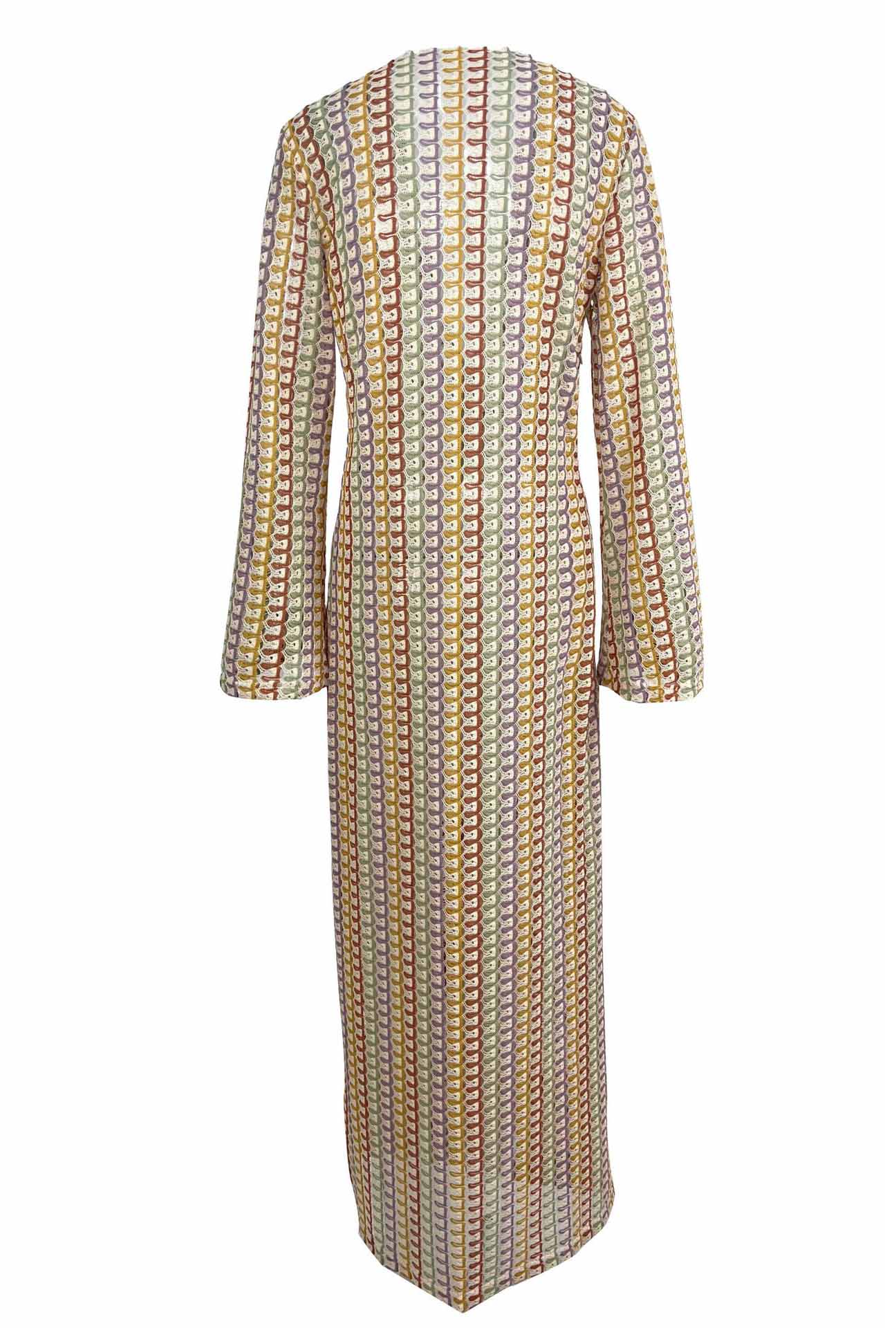 Pilar® | Boho V-Neck Bell Sleeve Maxi Dress, Wavy Striped Crochet Beach Holiday Maxi Dress