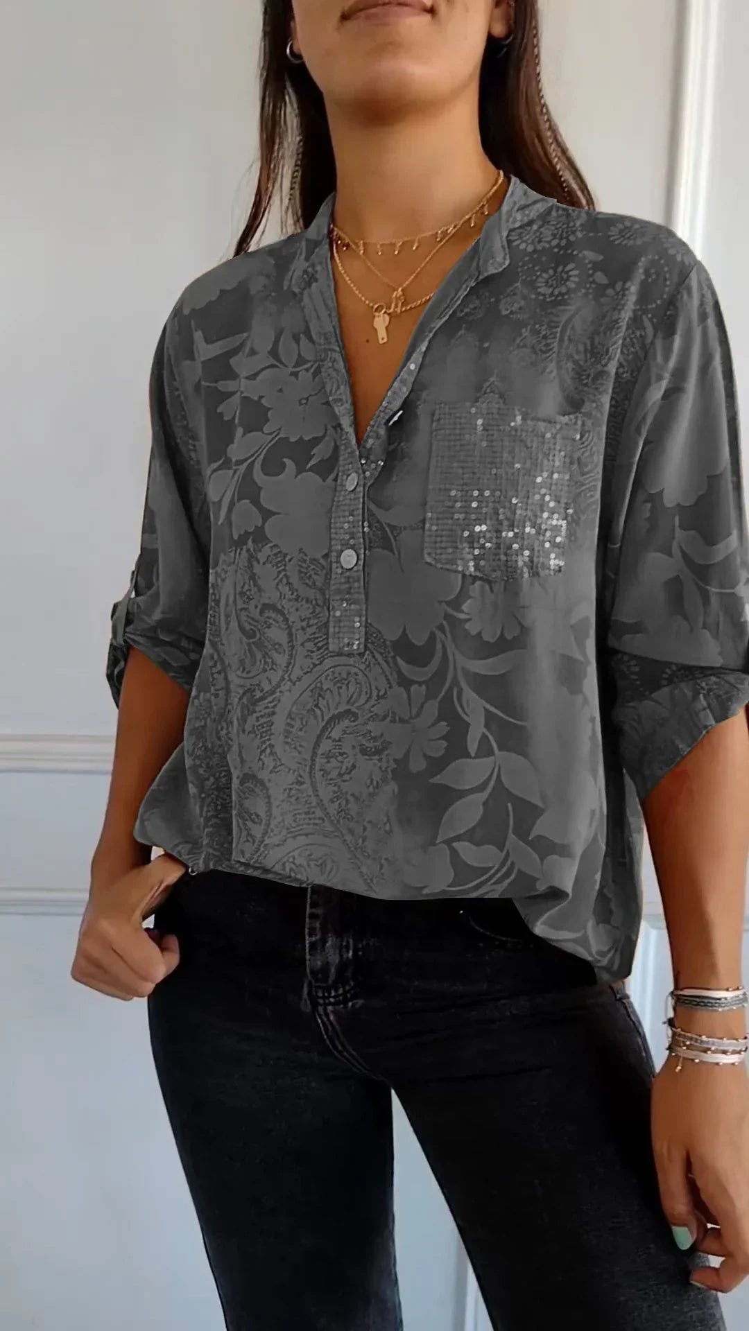 Maureen® | Printed V-Neck Top With Half Buttons