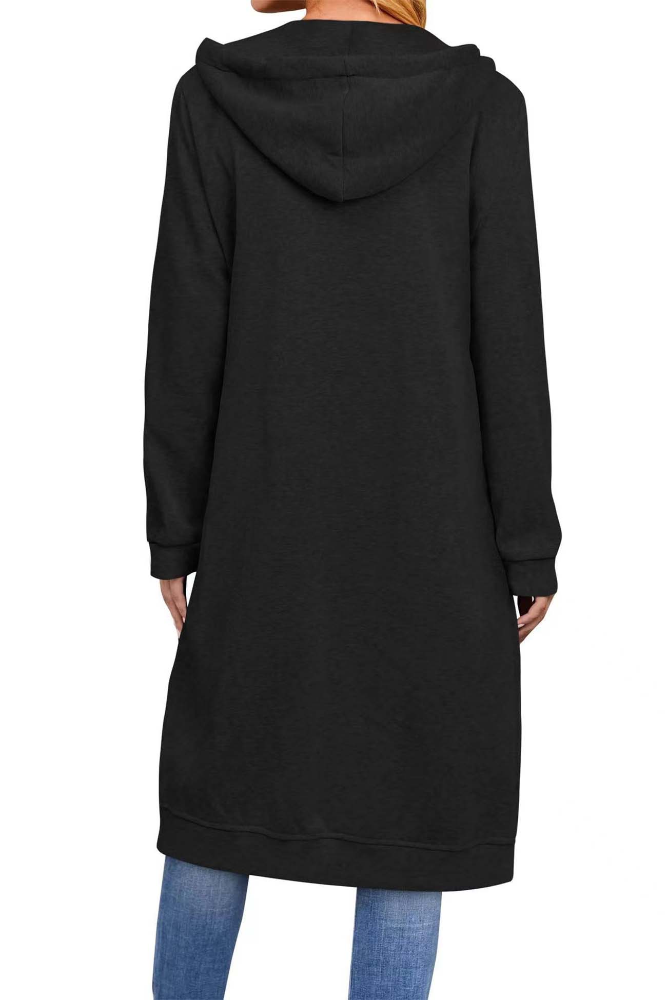 Jacqueline | Solid long cardigan with hood and drawstring and zip fastening