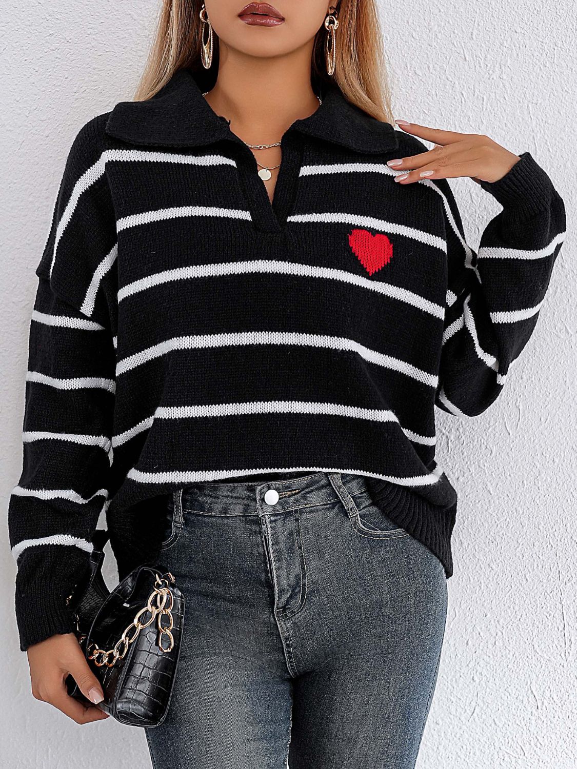 Regine | Striped long-sleeved sweater with Johnny collar