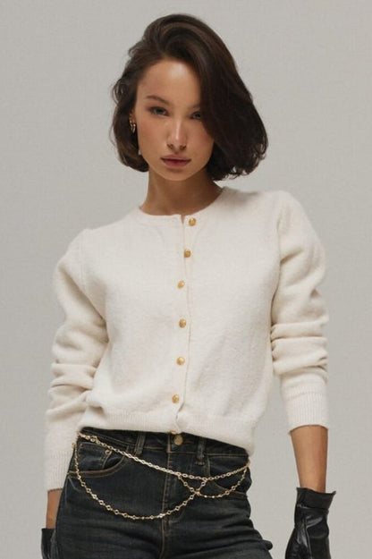 Minimalist Knitted Gold Buckle Crew Neck Cardigan