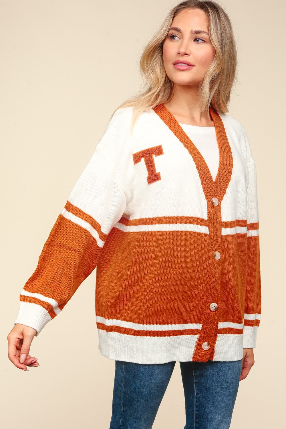 Raquel | Haptics full size cardigan with V-neck, button placket and letter patch