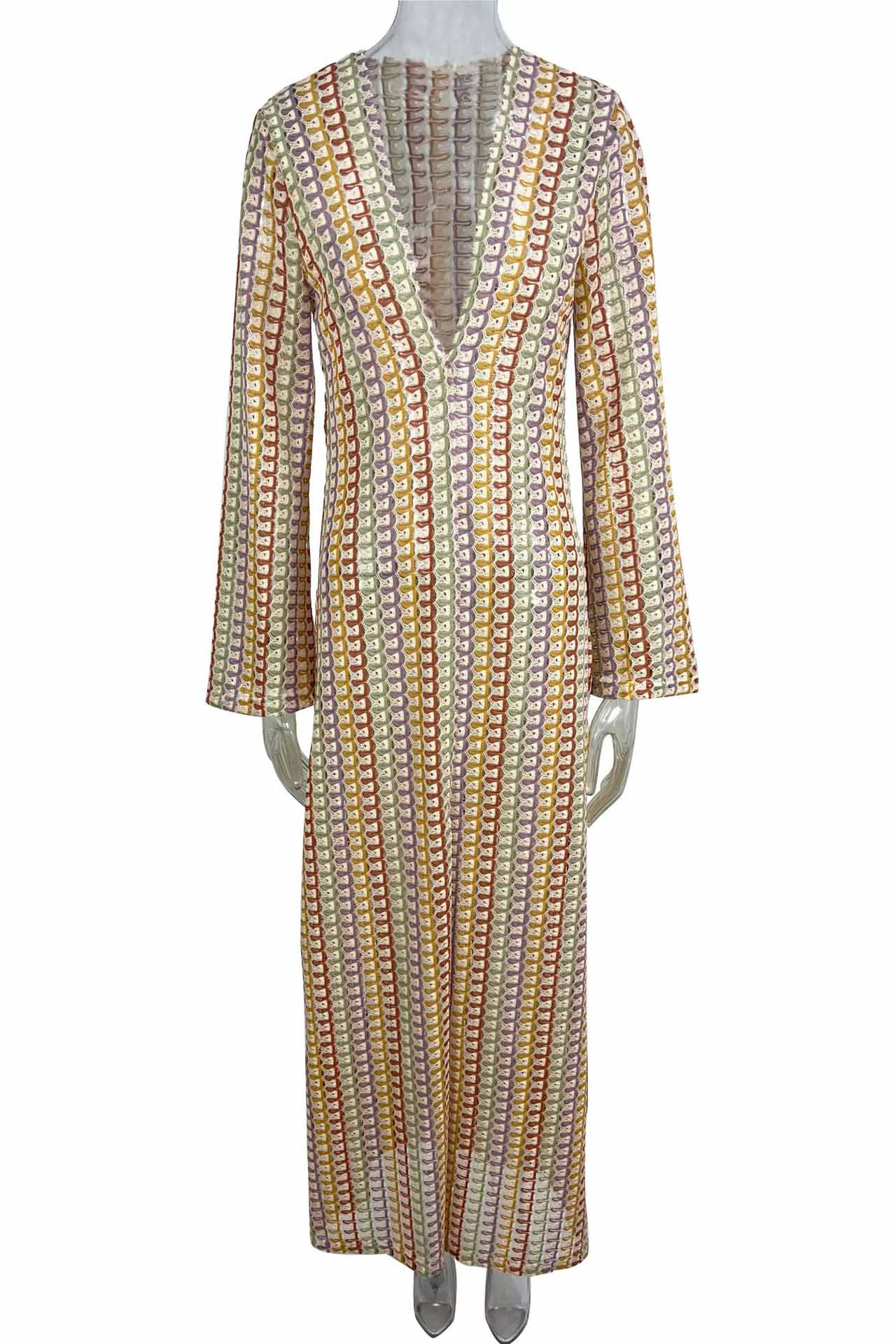 Pilar® | Boho V-Neck Bell Sleeve Maxi Dress, Wavy Striped Crochet Beach Holiday Maxi Dress