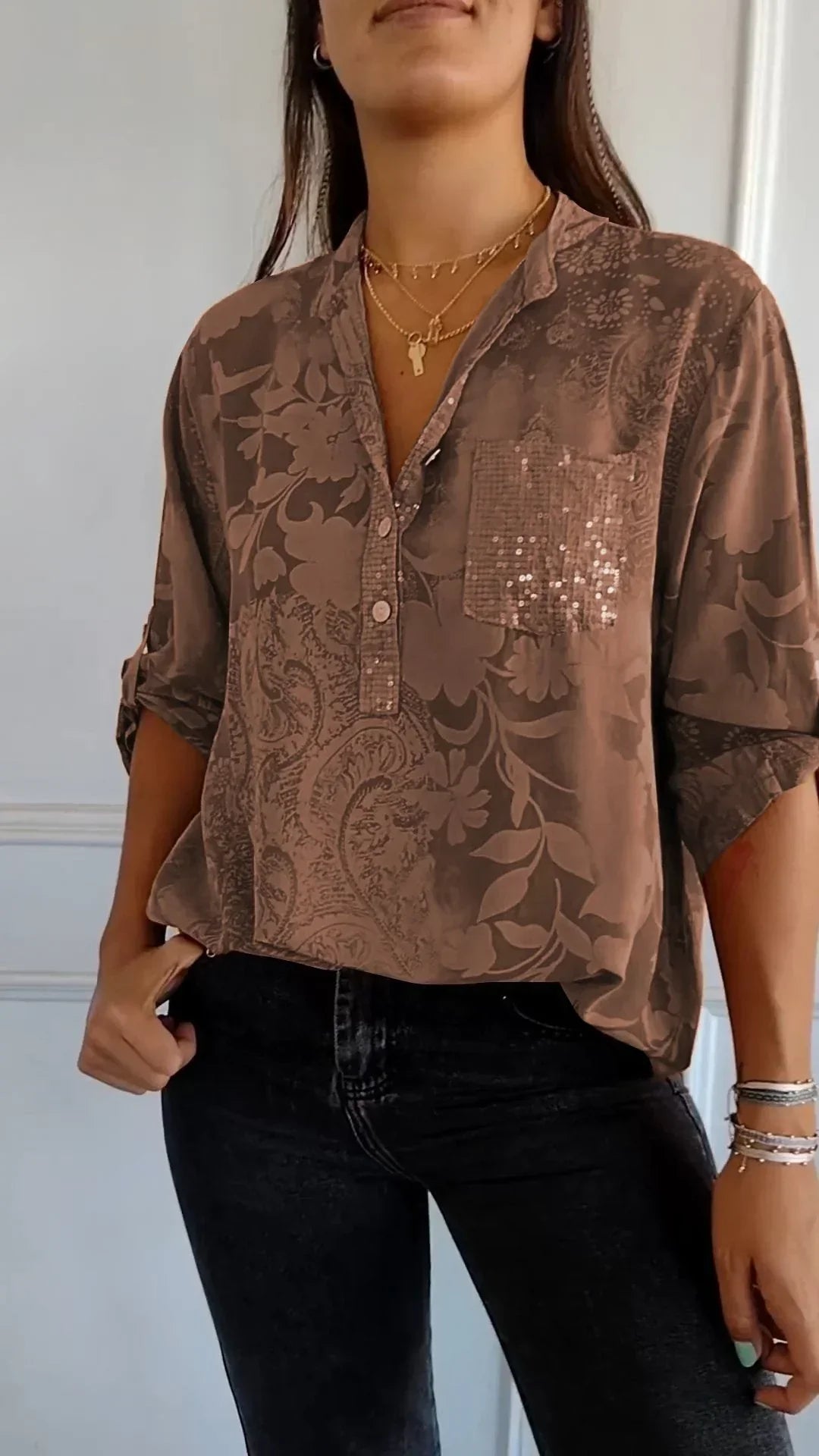 Maureen® | Printed V-Neck Top With Half Buttons