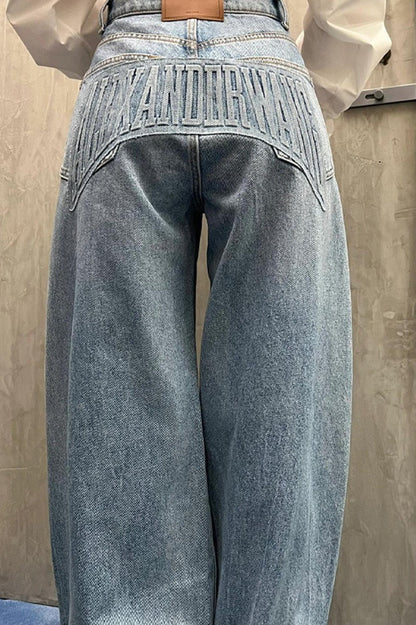 Loose Floor Length Curved Leg Washed Letter Embossed Jeans