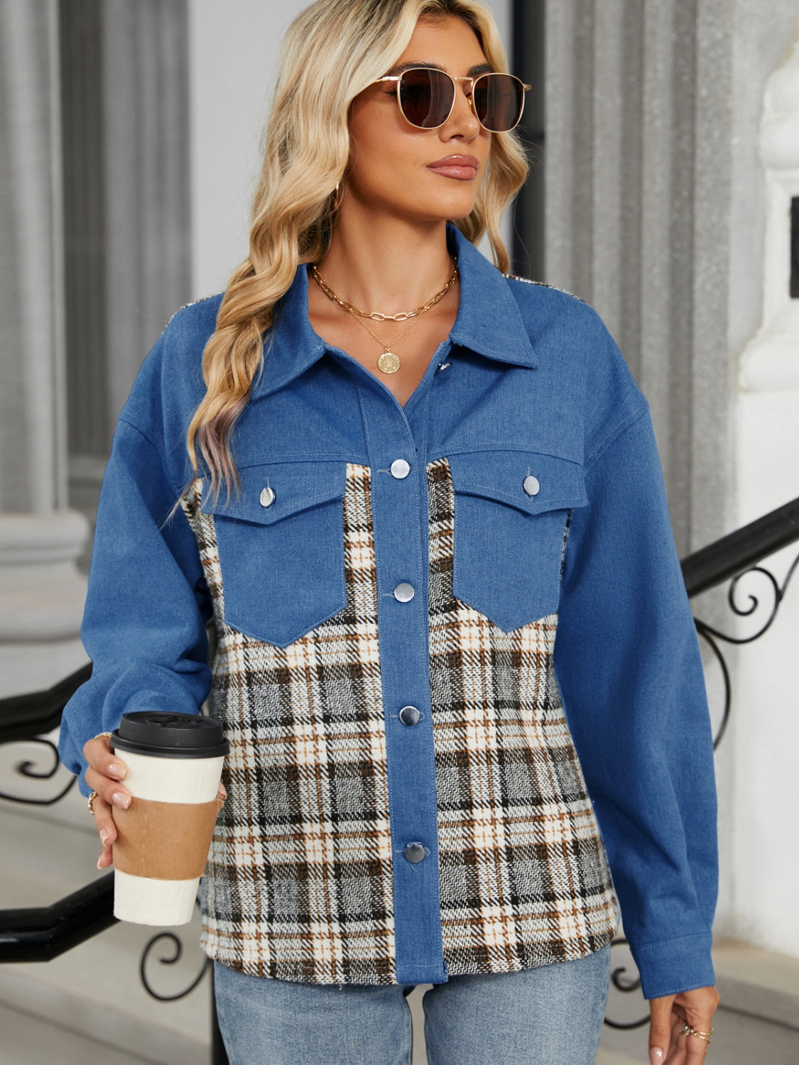 Sibylle | Checked denim jacket with buttons and long sleeves