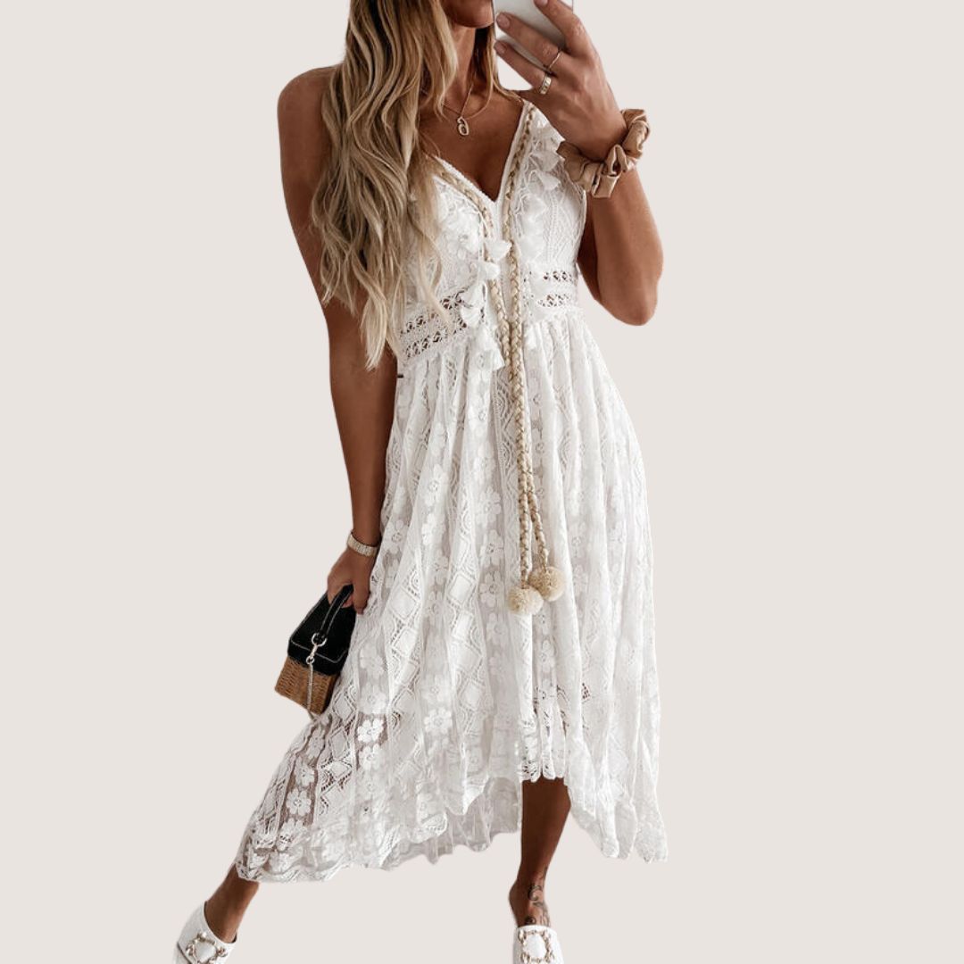 Flavia® | Bohemian Lace Midi Dress With High-Low Hem