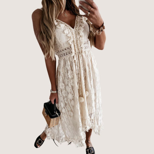 Flavia® | Bohemian Lace Midi Dress With High-Low Hem
