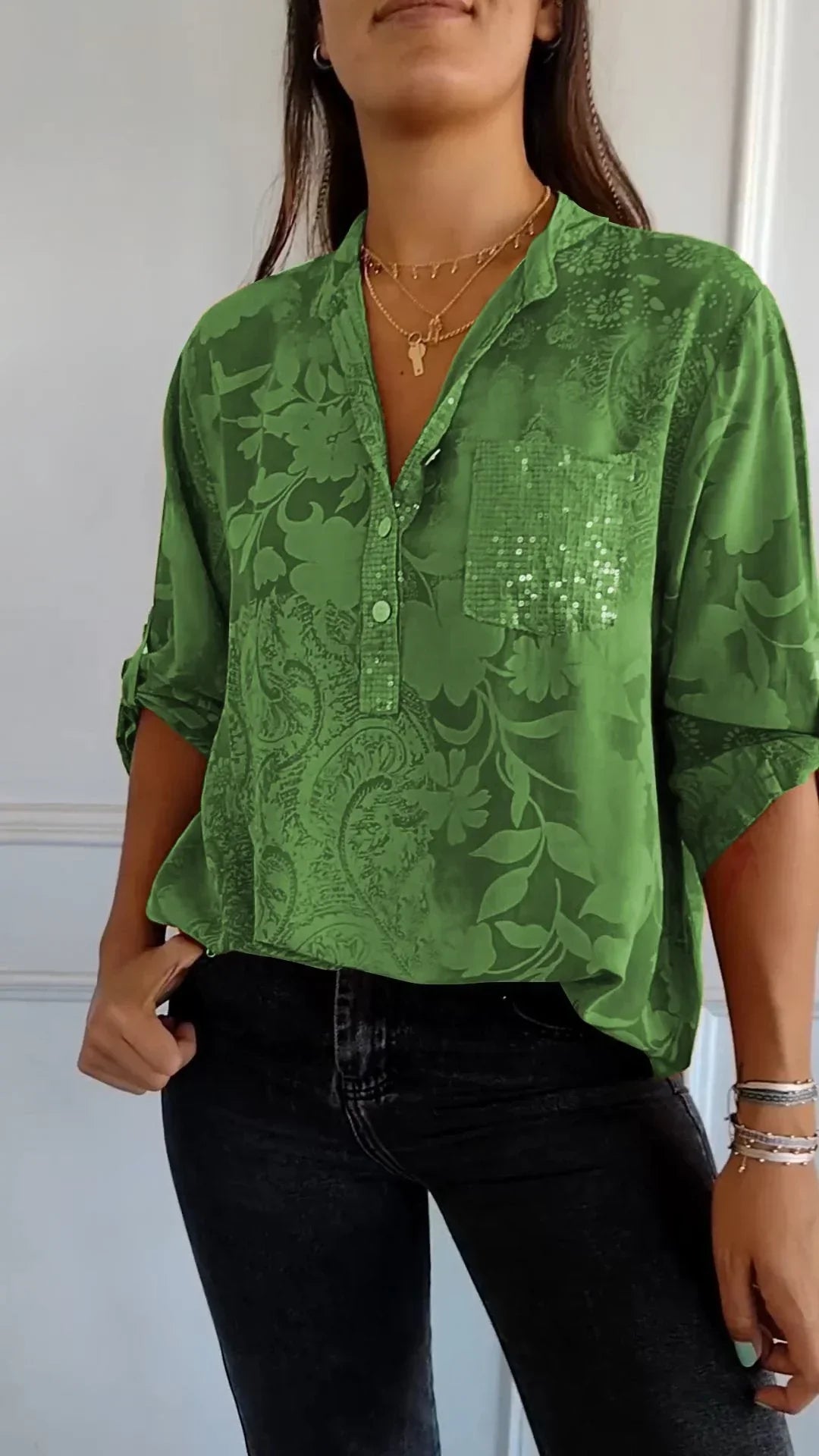 Maureen® | Printed V-Neck Top With Half Buttons