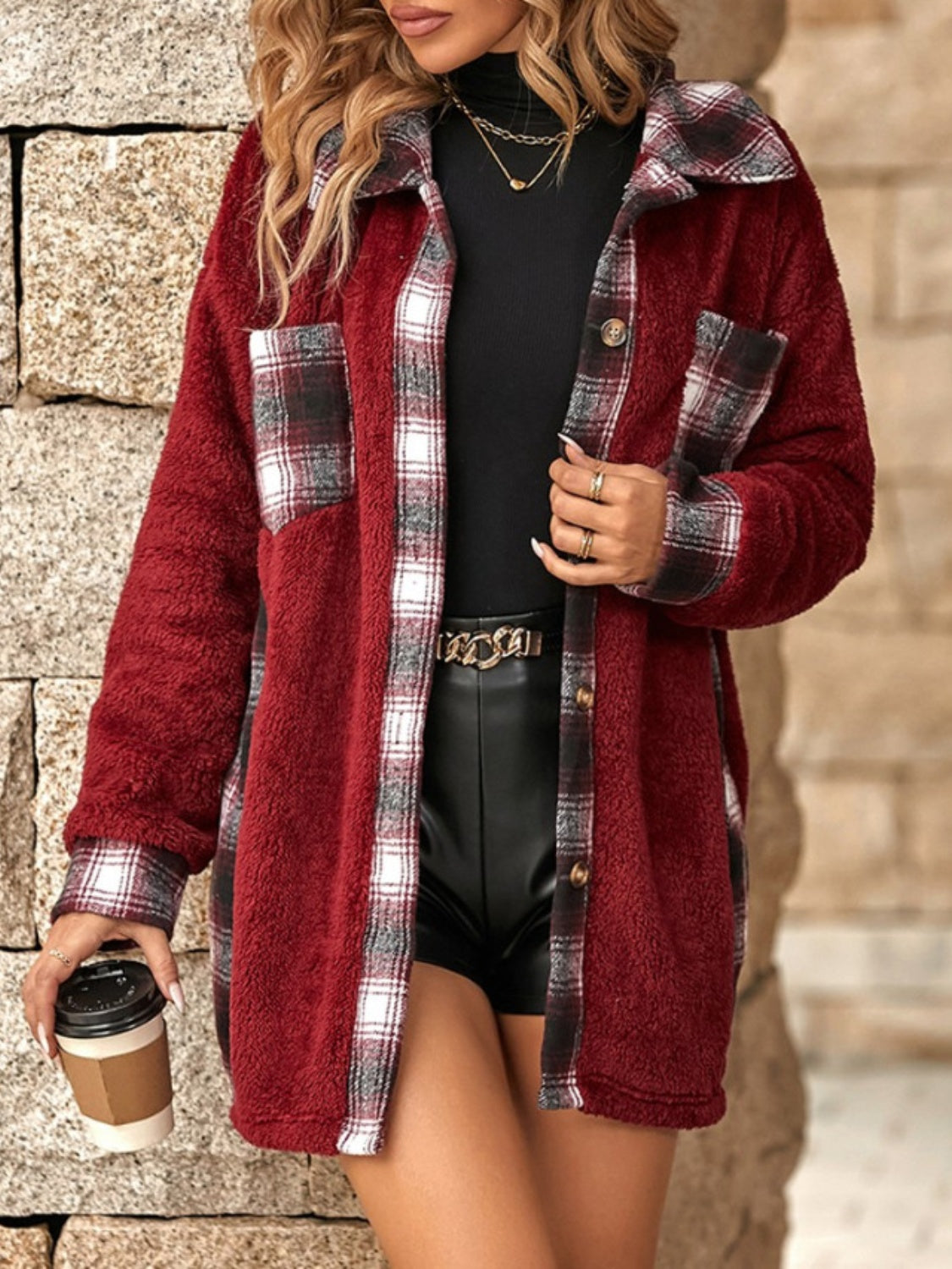Marta | Checked buttoned fluffy outerwear with long sleeves