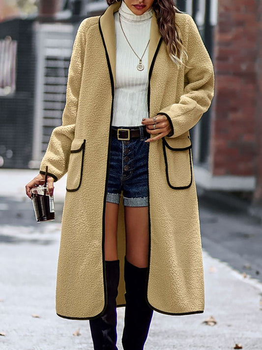 Claudia | Full size long sleeve coat with contrast trim and pockets