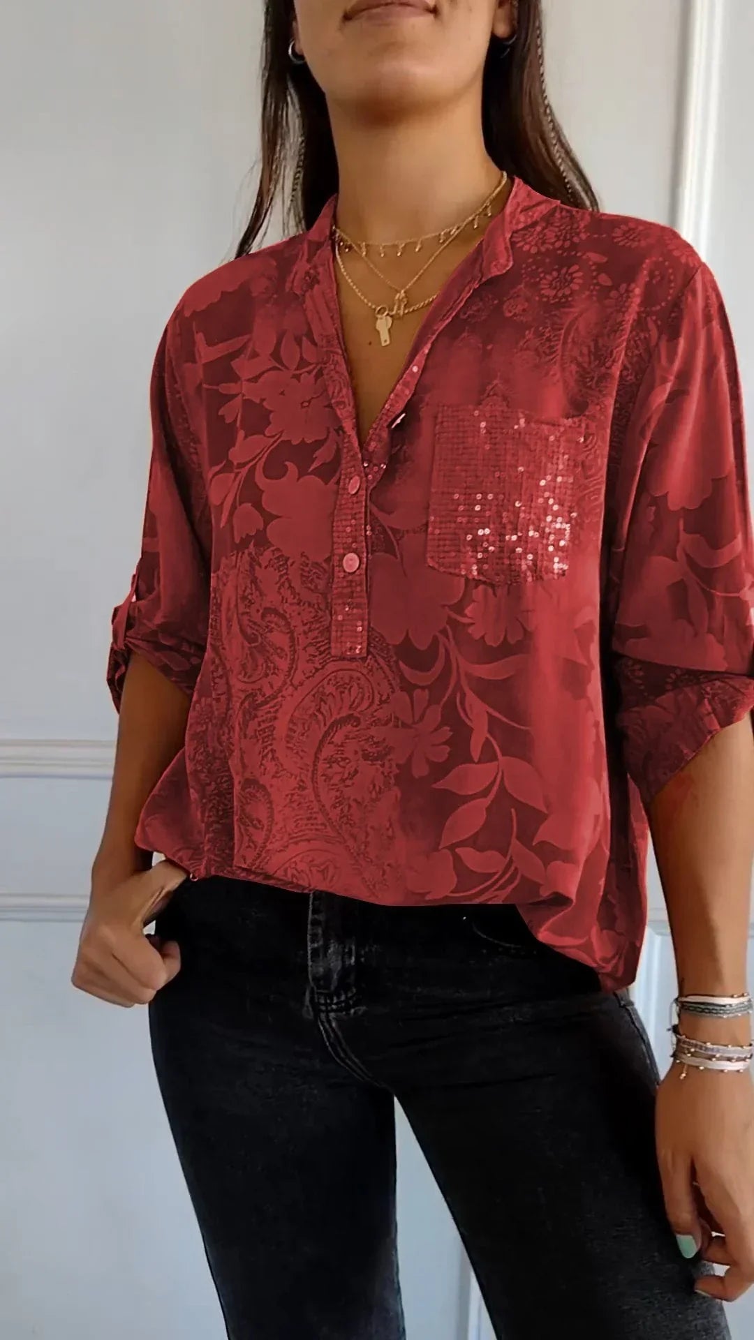 Maureen® | Printed V-Neck Top With Half Buttons