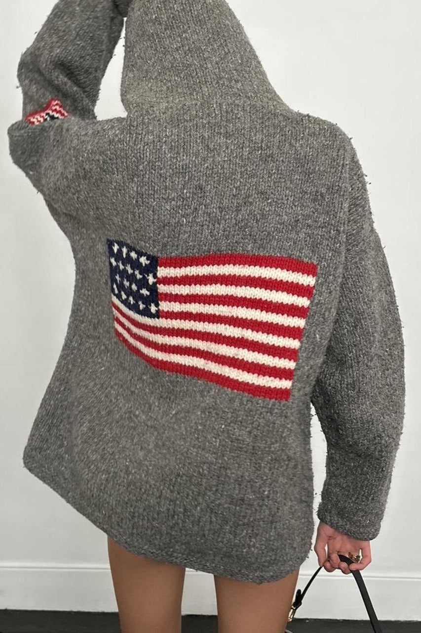 Chic Flag Graphic Knit Zippered Hoodie
