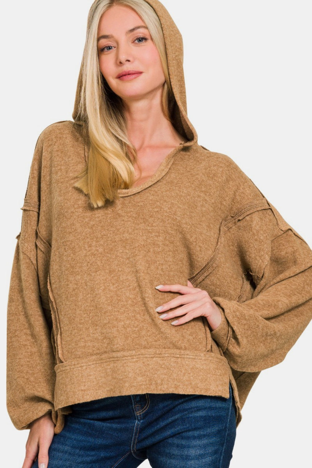 Elda | Zenana brushed Hacci hoodie with exposed seams