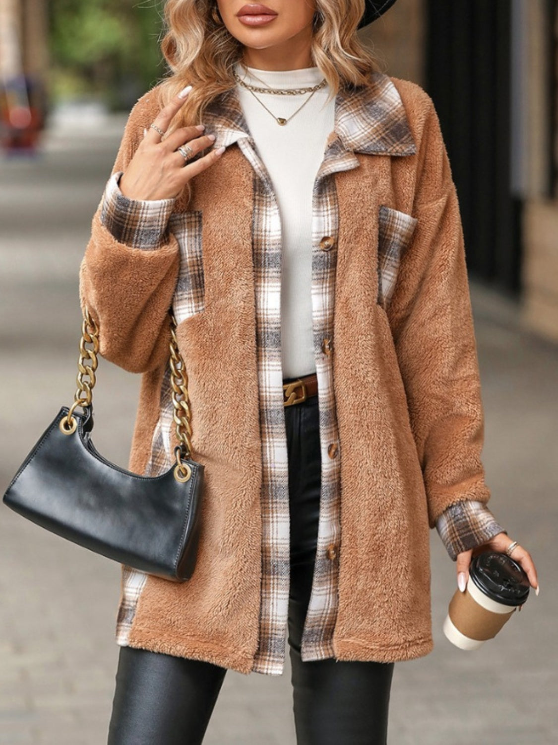 Marta | Checked buttoned fluffy outerwear with long sleeves