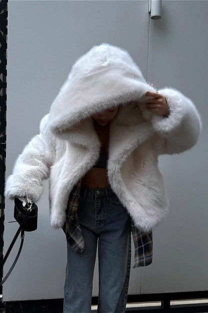 Hooded Faux Fox Fur White Short Coat