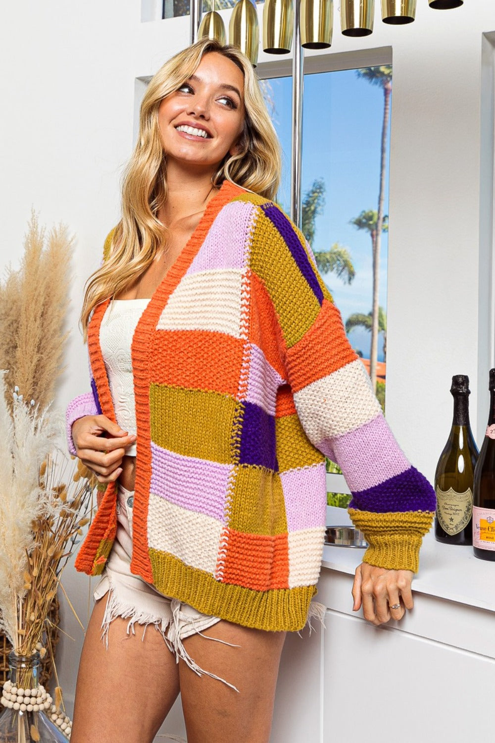 Pink | Checked color block sweater cardigan