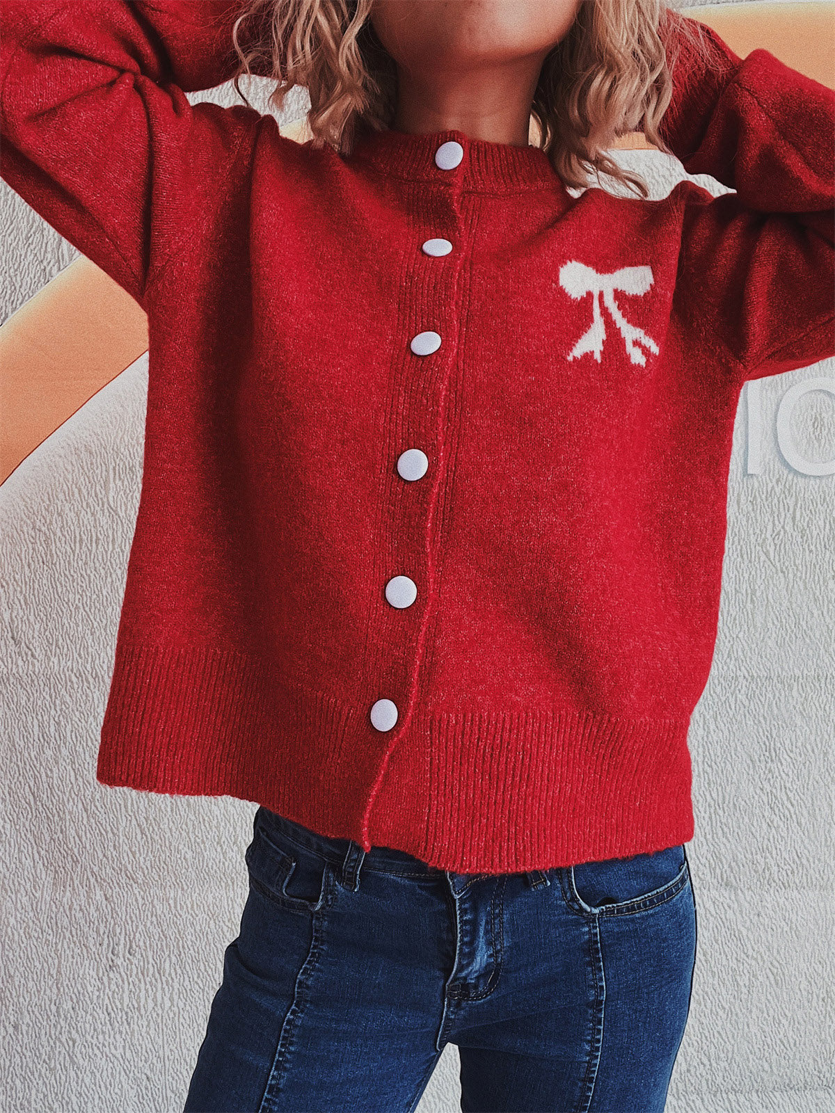 Beate | Long-sleeved cardigan with bow and round neckline and buttons