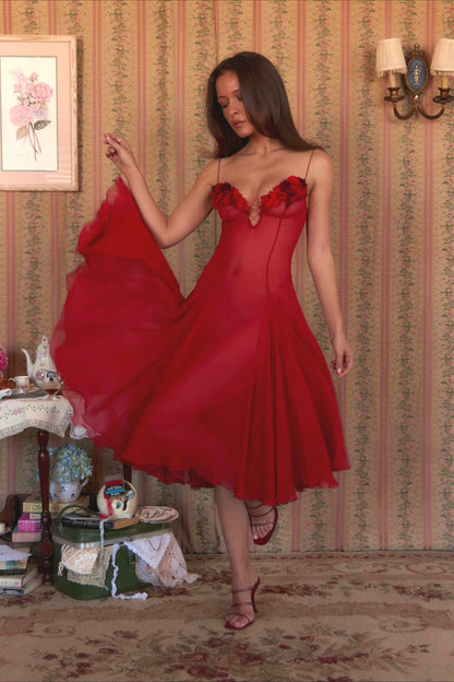 3D Flower Deep V Patchwork Spaghetti Strap Romantic Midi Dress