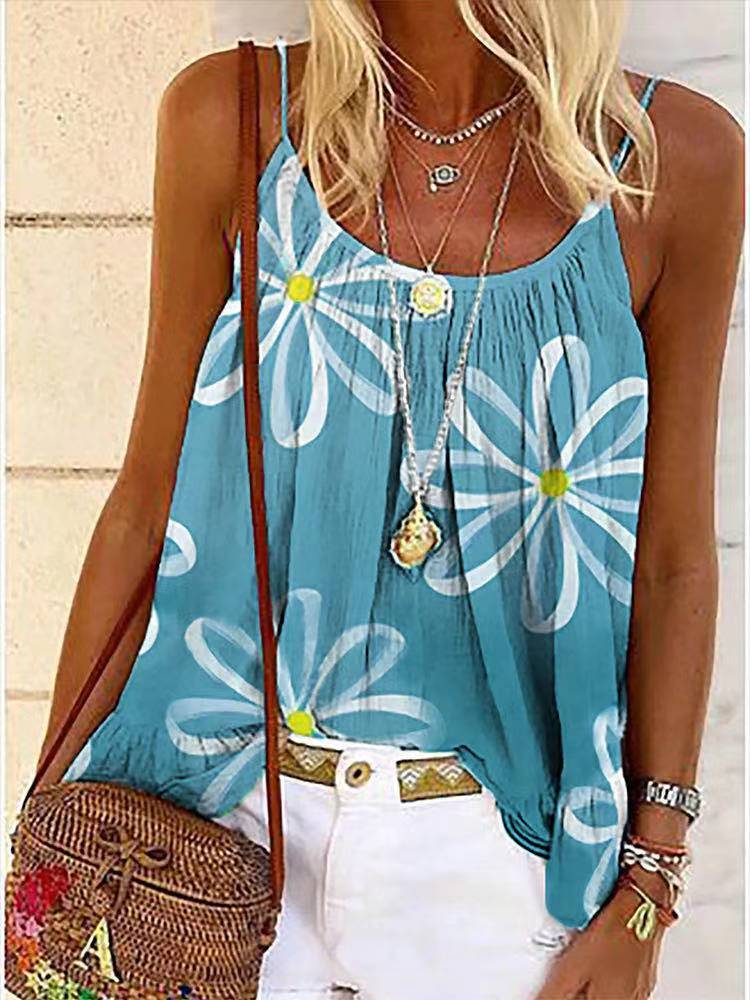 Magdalena® | Summer Women Print Sweet Sling Lotus Leaf Blouse
