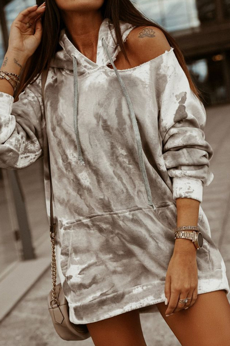 Mara | Casual tie-dye tops with hollow out drawstring and hooded collar