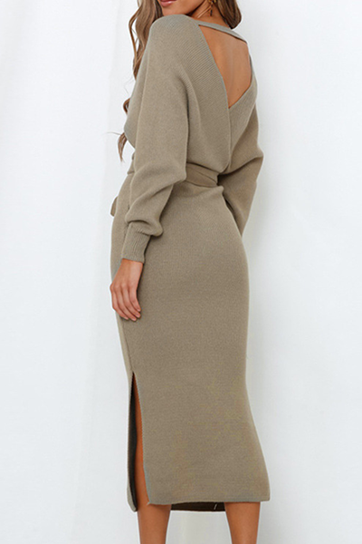 Pilar | Casual elegant solid backless slit strap design with V-neck pencil skirt
