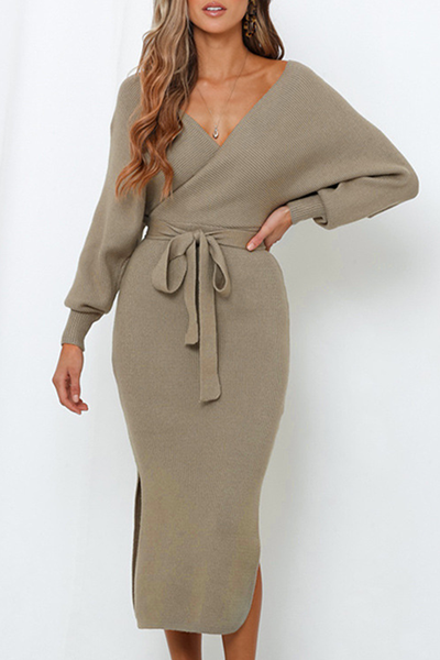 Pilar | Casual elegant solid backless slit strap design with V-neck pencil skirt