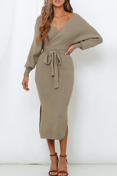 Pilar | Casual elegant solid backless slit strap design with V-neck pencil skirt