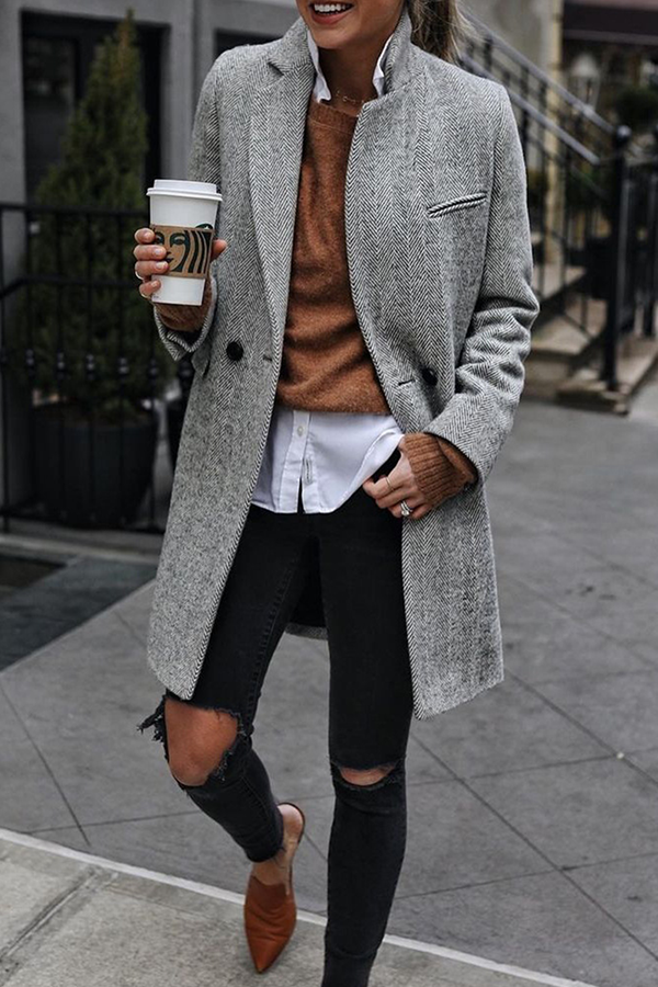 Manuela | Casual street outerwear with striped patchwork buckle turn-down collar