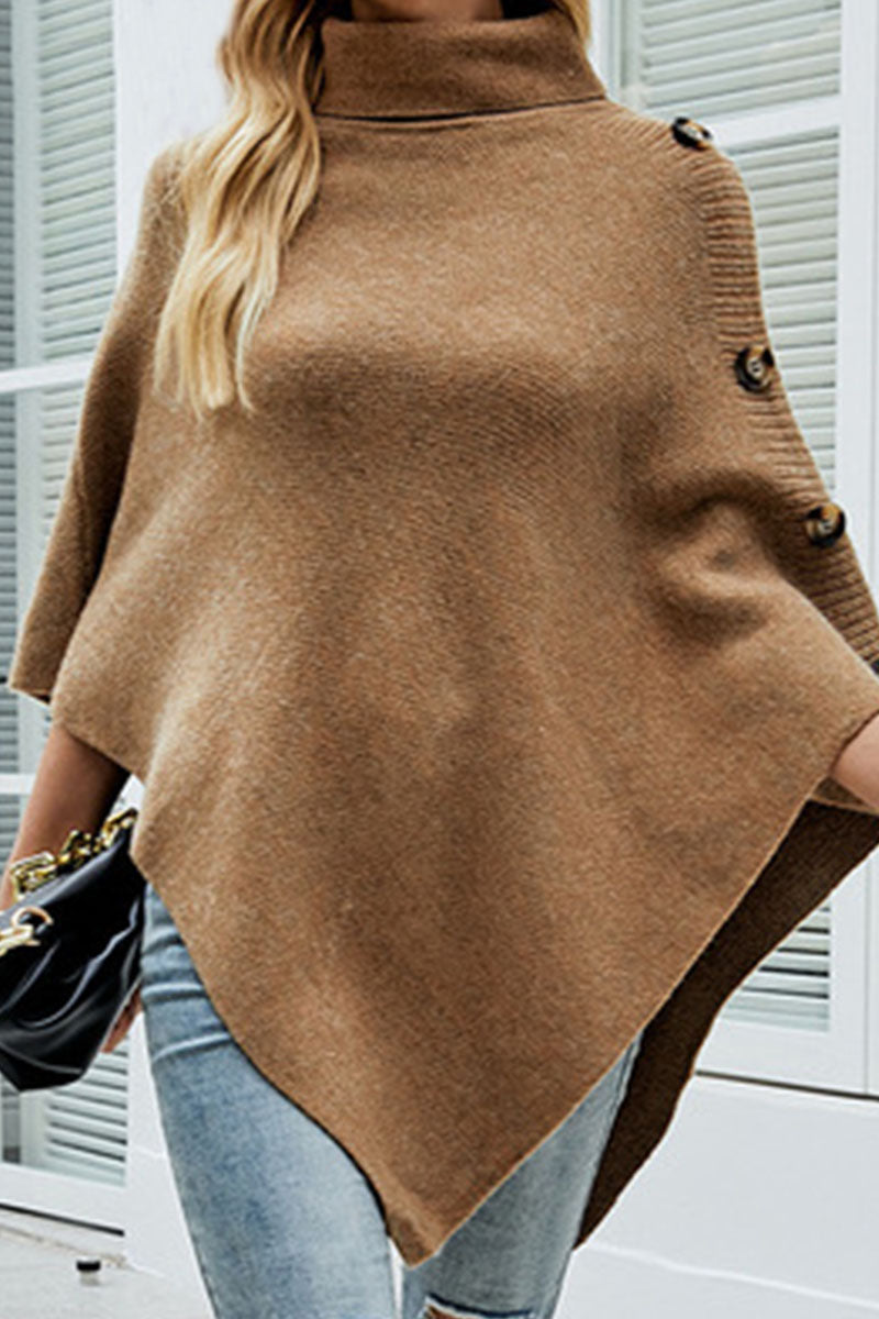 Erika | Casual solid color asymmetrical turtleneck outerwear with patchwork buttons