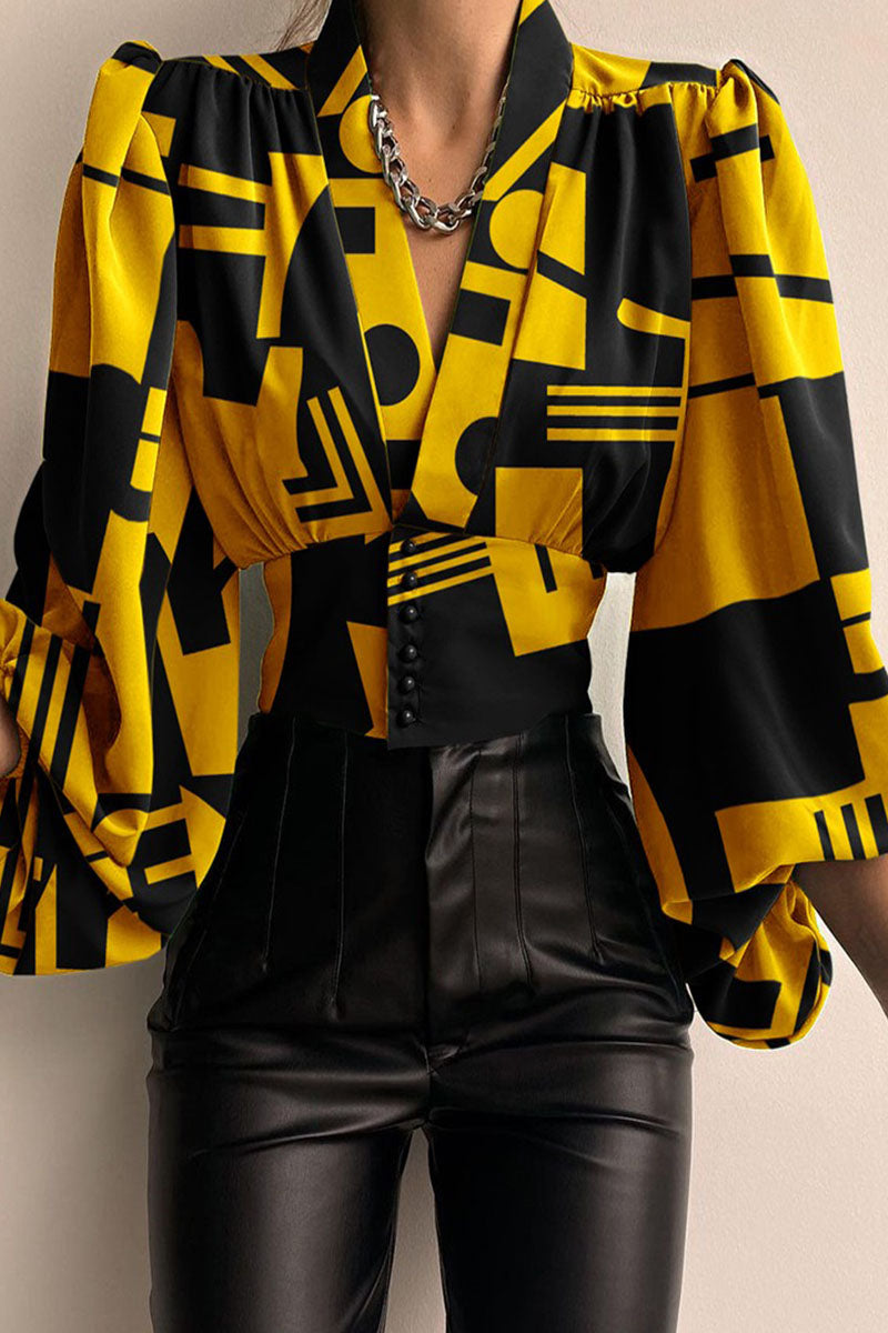 Vanesa | Casual printed patchwork tops with V-neck