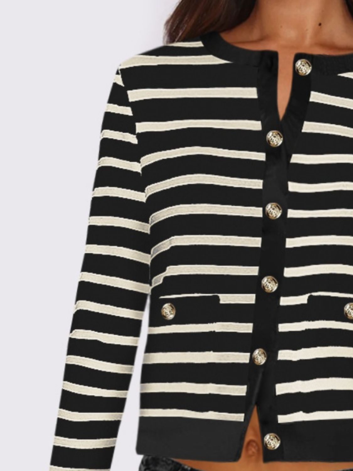 Gabriela | Striped, long-sleeved cardigan with button placket and crew neck