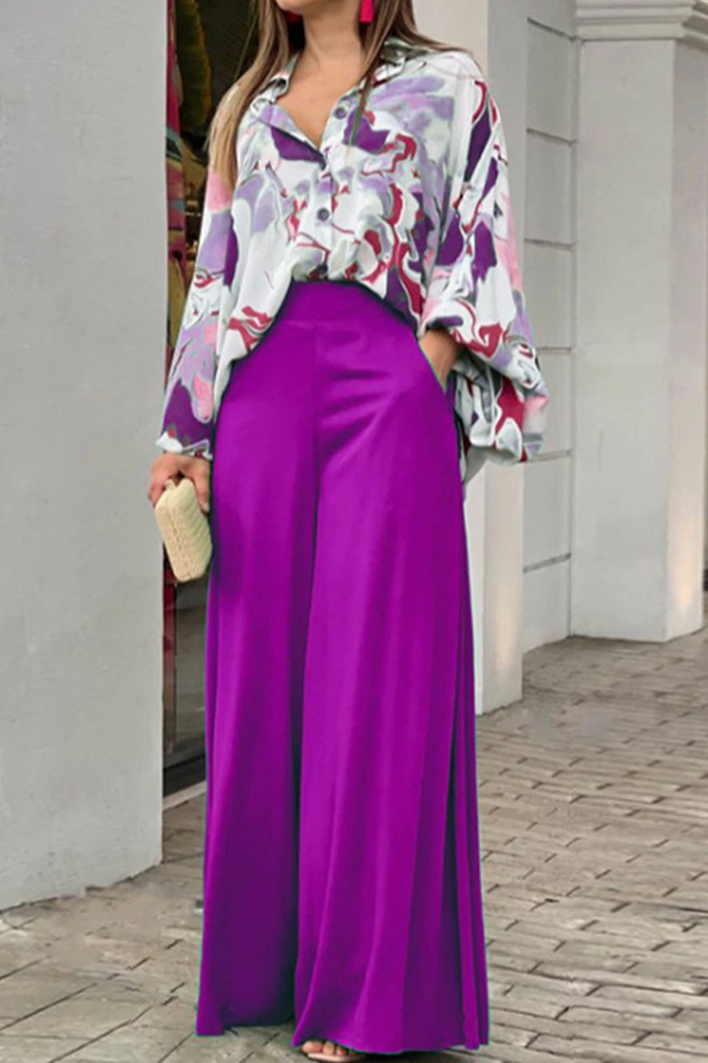 Karol | Fashion print patchwork turn-down collar long sleeve two-piece suit