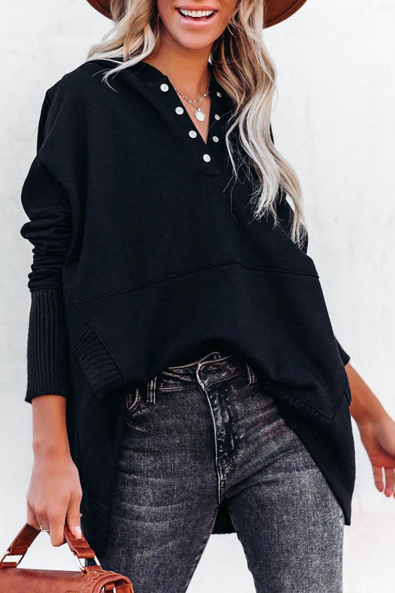 Vanesa | Casual solid tops with pocket buckle and hooded collar