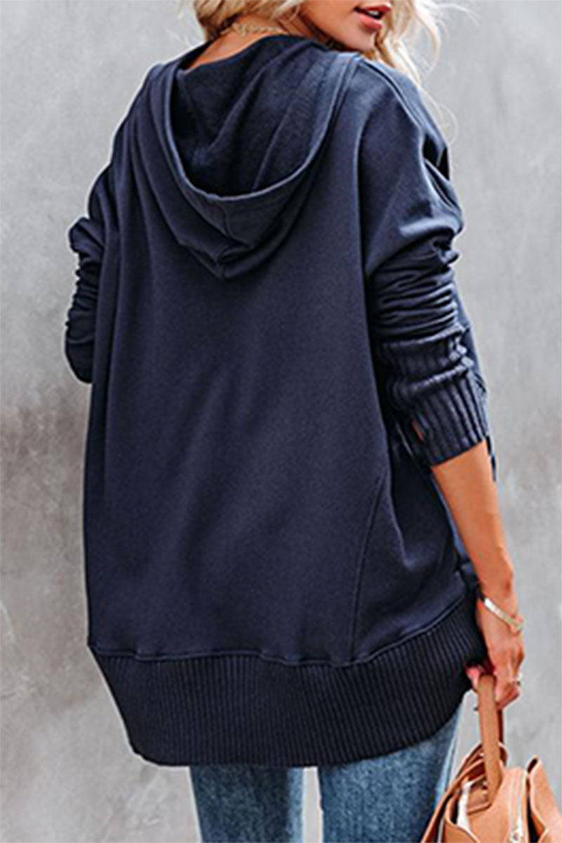 Vanesa | Casual solid tops with pocket buckle and hooded collar