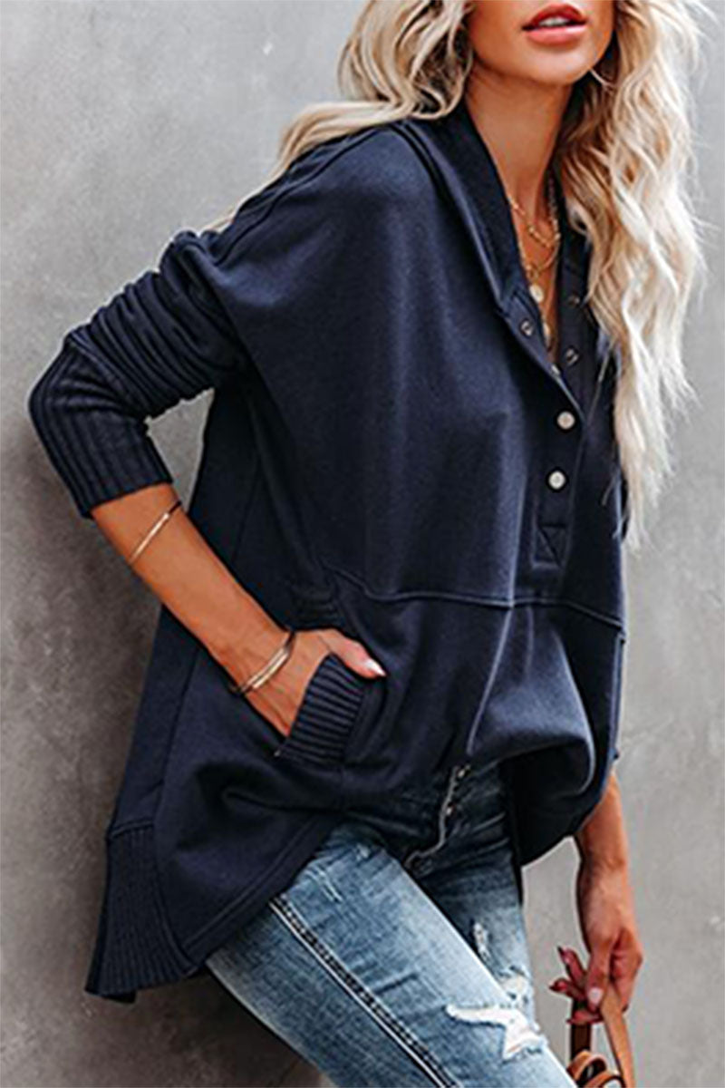 Vanesa | Casual solid tops with pocket buckle and hooded collar