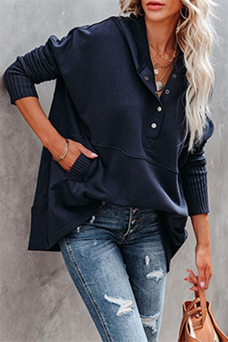 Vanesa | Casual solid tops with pocket buckle and hooded collar