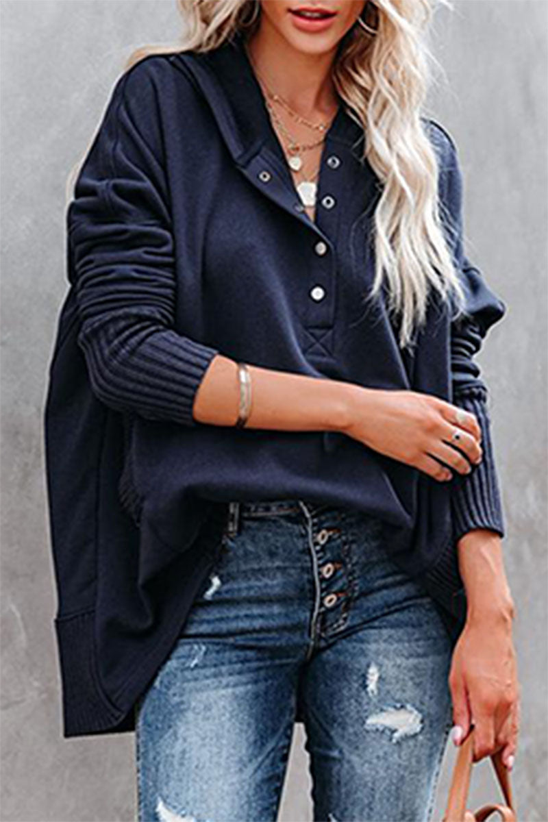 Vanesa | Casual solid tops with pocket buckle and hooded collar