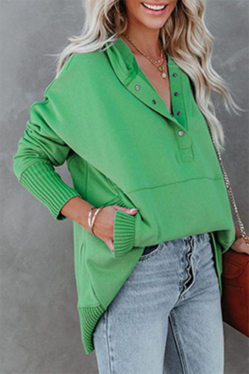 Vanesa | Casual solid tops with pocket buckle and hooded collar