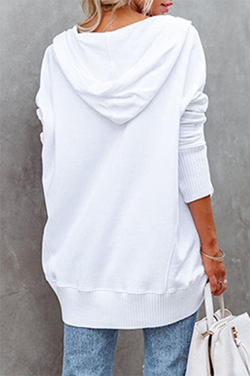 Vanesa | Casual solid tops with pocket buckle and hooded collar