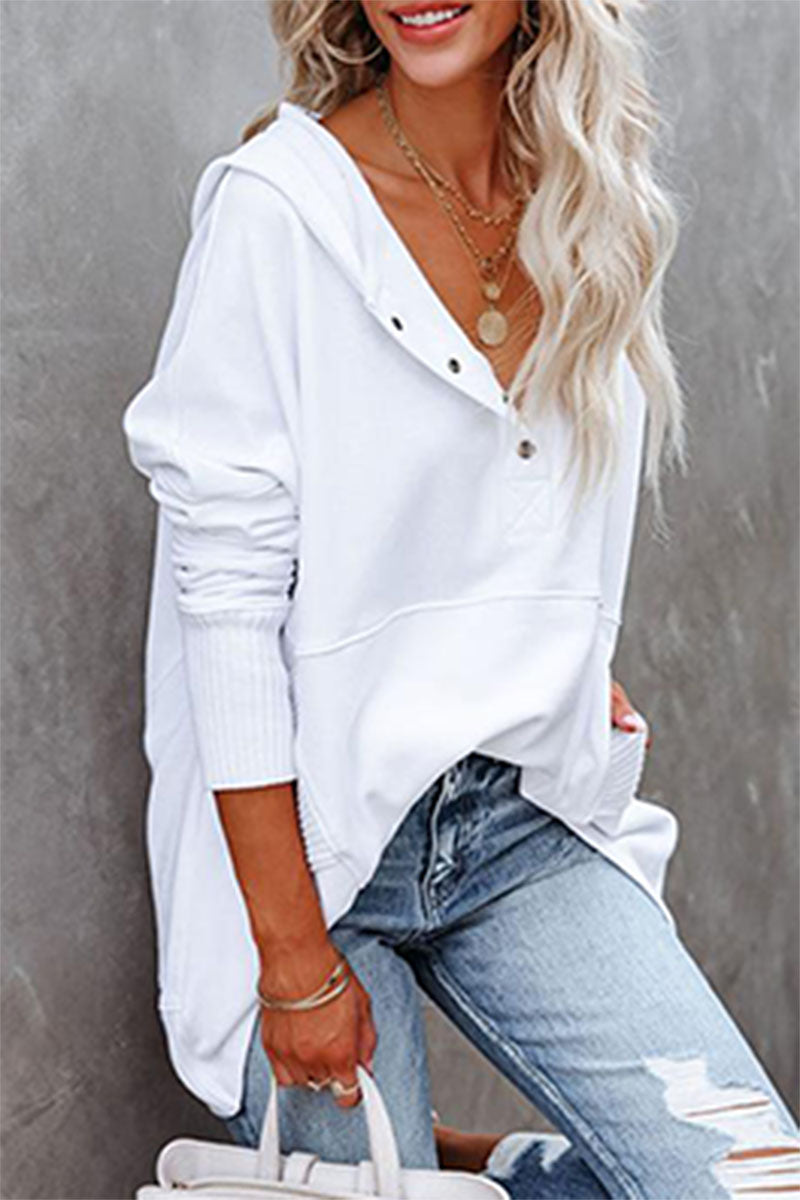 Vanesa | Casual solid tops with pocket buckle and hooded collar