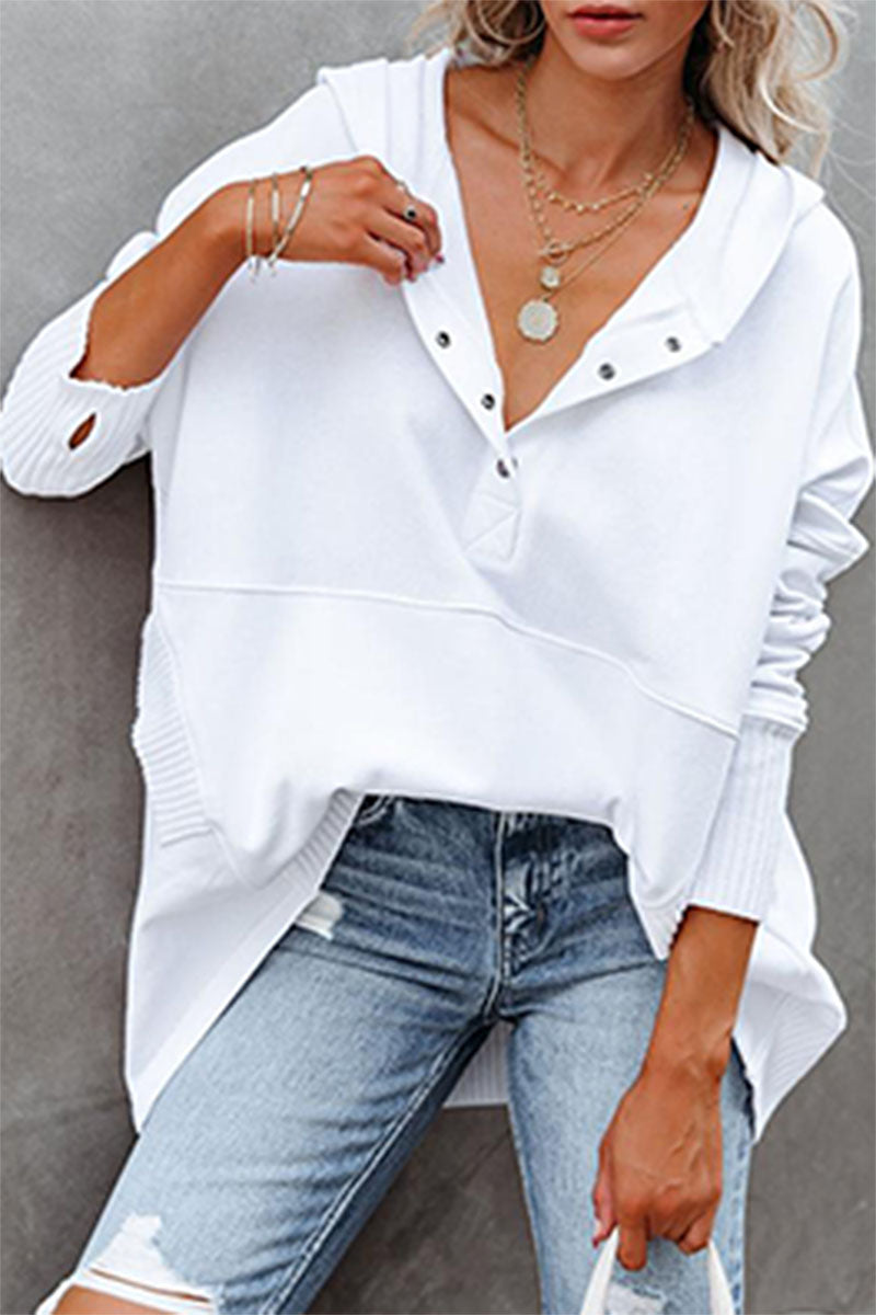 Vanesa | Casual solid tops with pocket buckle and hooded collar