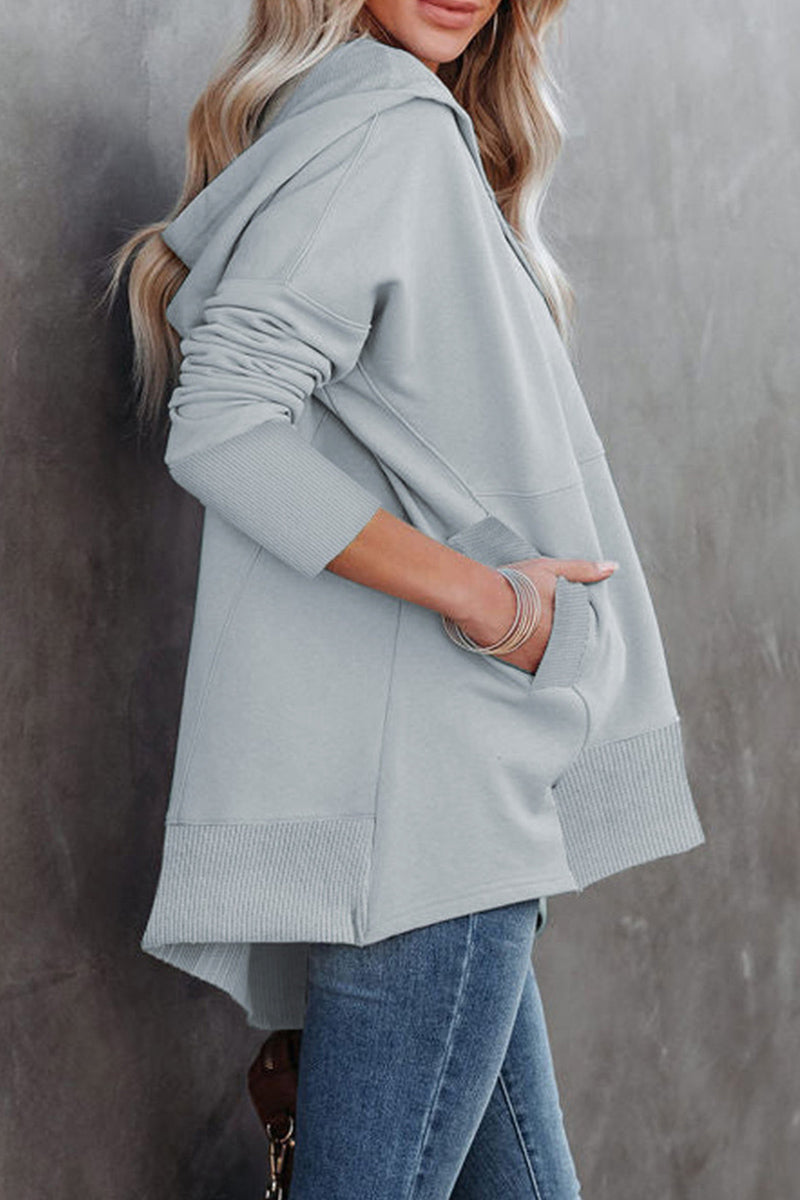 Vanesa | Casual solid tops with pocket buckle and hooded collar