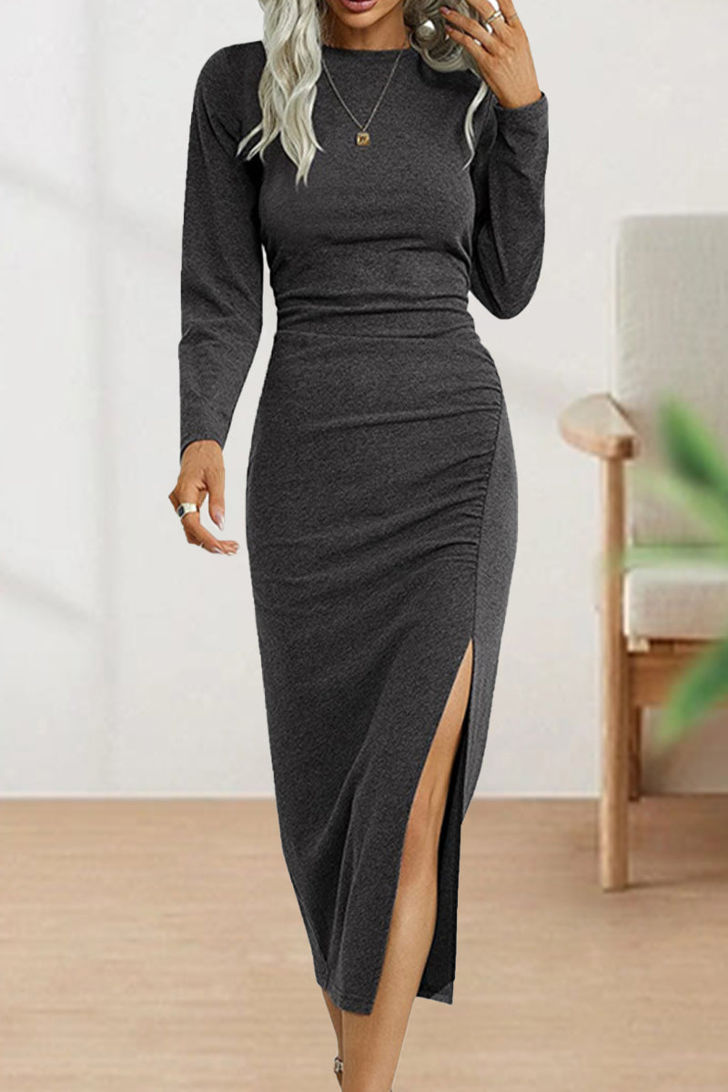 Josefina | Cute, elegant, plain O-neck shift dresses with pleats