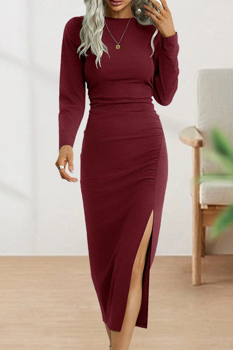 Josefina | Cute, elegant, plain O-neck shift dresses with pleats