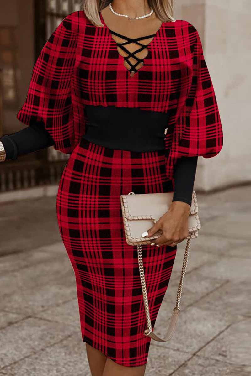 Verónica | Casual printed patchwork dresses with V-neck and long sleeves