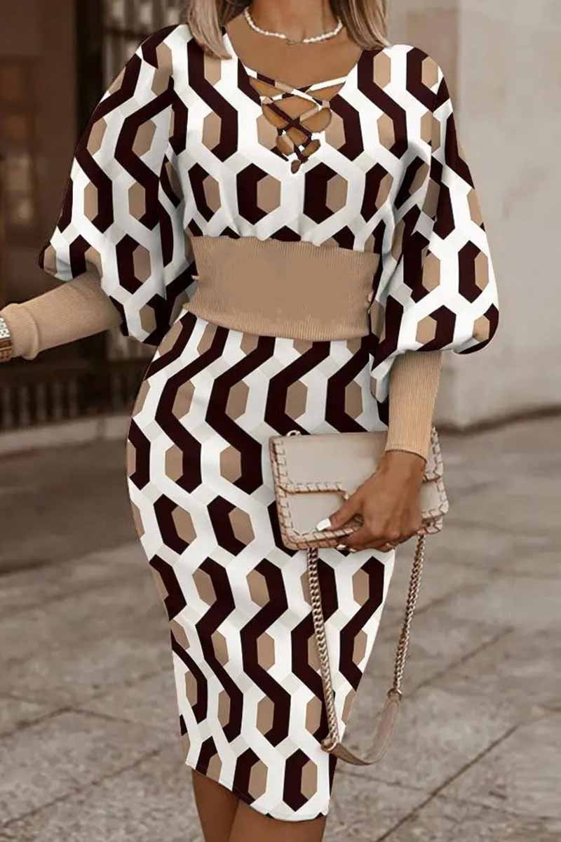 Verónica | Casual printed patchwork dresses with V-neck and long sleeves