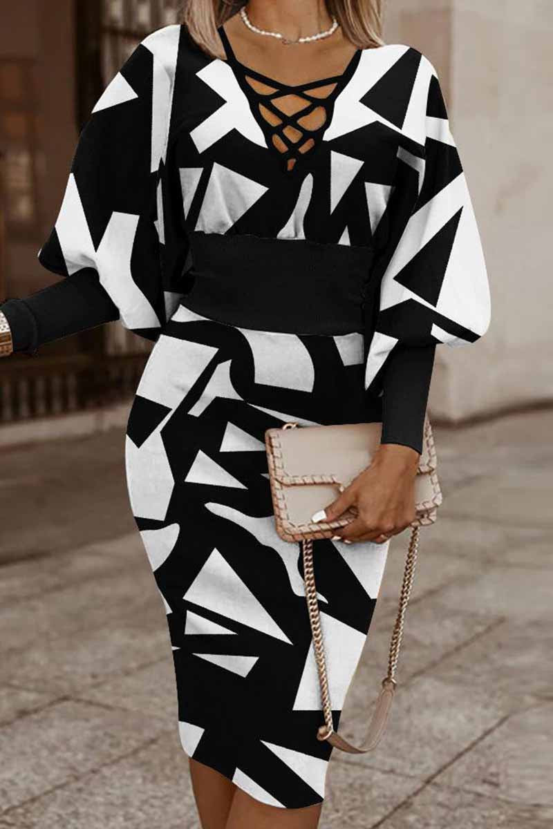 Verónica | Casual printed patchwork dresses with V-neck and long sleeves