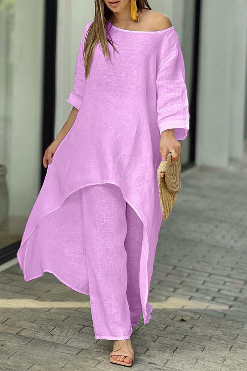 Magdalena | Casual solid color asymmetrical long sleeve O-neck two piece suit